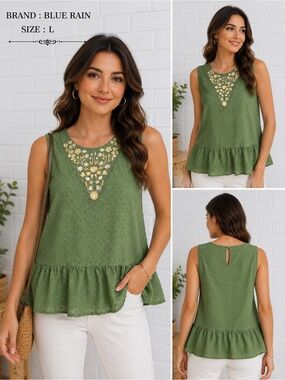 Blue Rain Green Embroidered Swiss Dot Peplum Tank Top Boho Floral Cottagecore /L